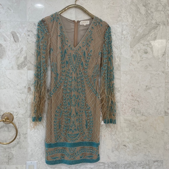 LARA {6} Dress Nude Teal Beaded Cocktail Dress Long-Sleeved - Picture 3 of 16